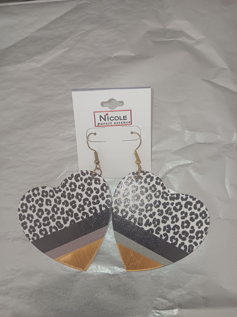 Nicole Heart Leopard Print Dangle Earrings in Black, White and Gold